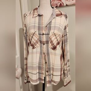 Free People Plaid Button-Up Shirt - Cream and Brown